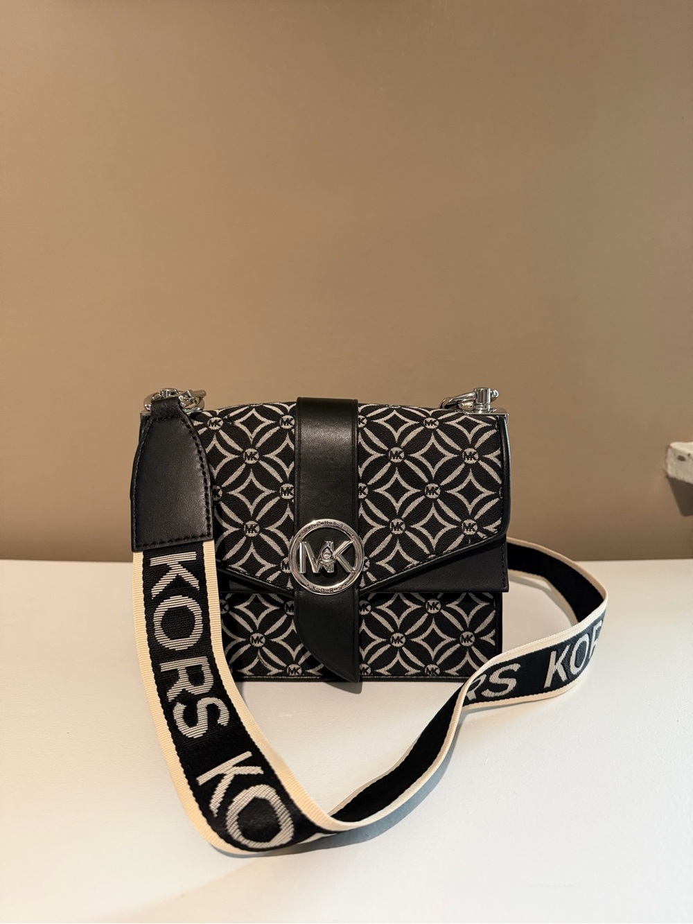 Michael Kors Black and Cream Logo Crossbody with Branded Strap